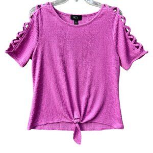 BCX‎ Womens Lattice Sleeve Tie-Front Textured Knit Top L Fuchsia Lightweight